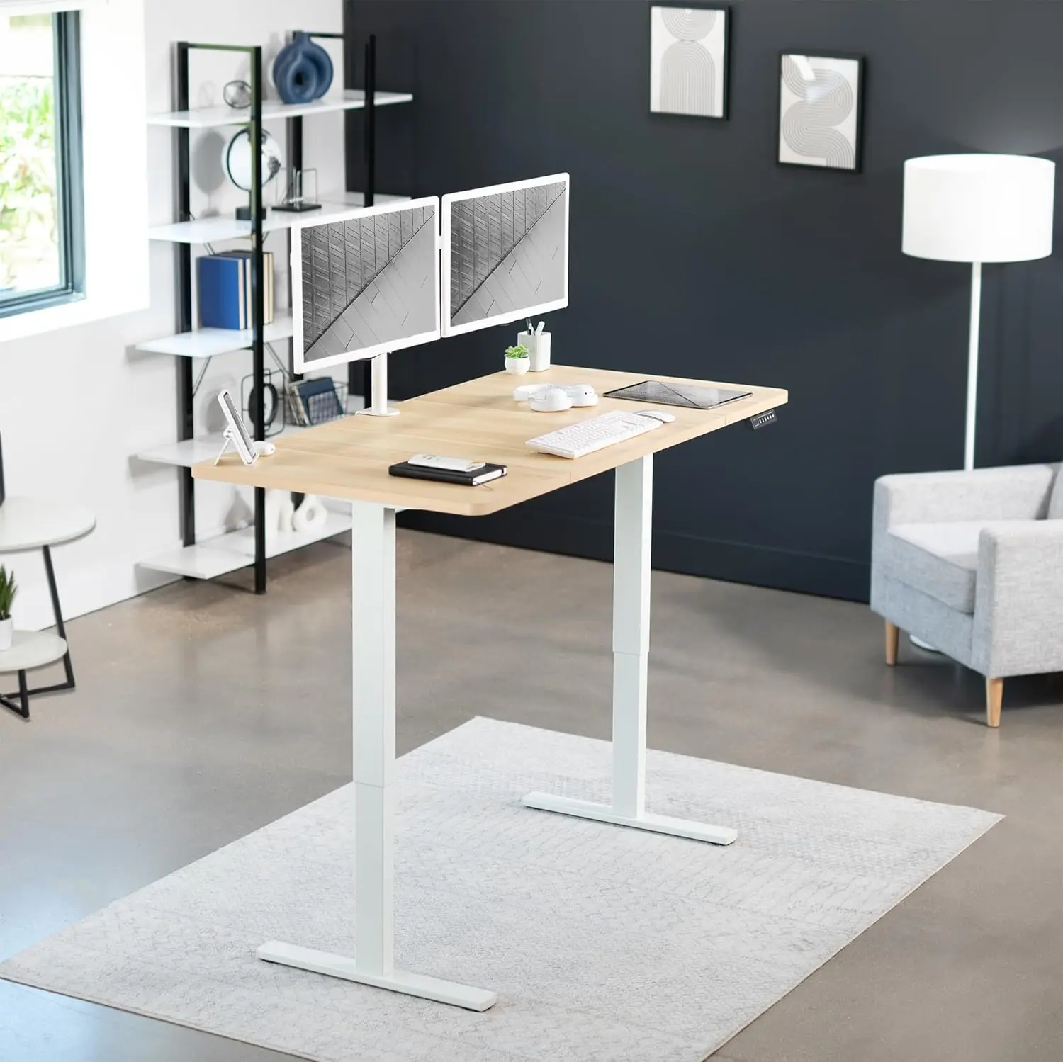 Electric 60 x 30 inch standing desk workstation, memory controller height adjustment, light wood top white frame