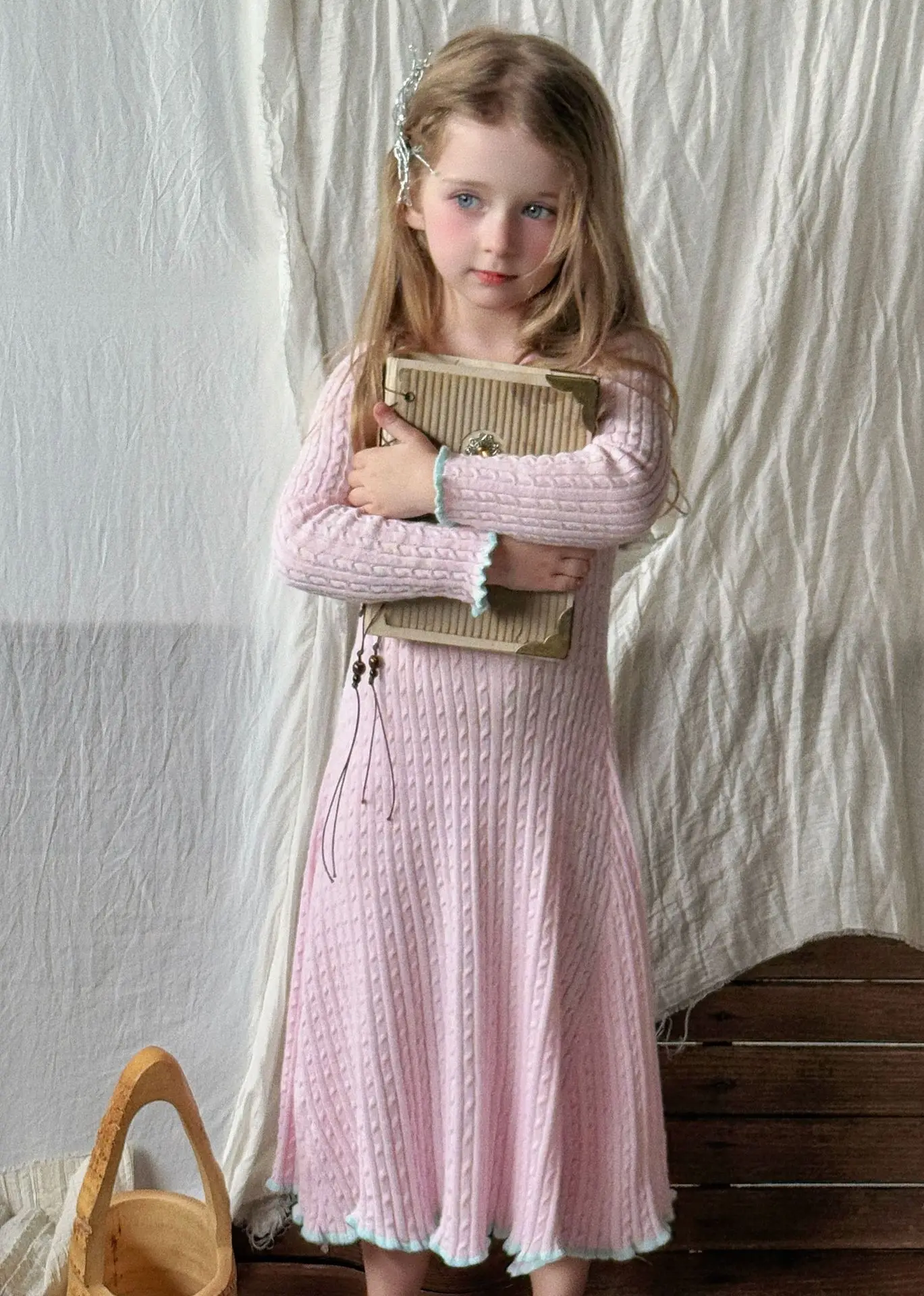 2025 Spring Summer New Children Clothing Korean Girls Knitted Contrasting Long Dress Children Cotton Knitted Dress