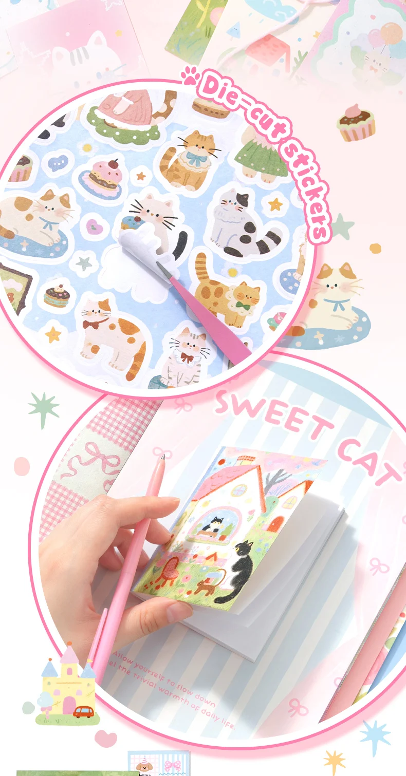 Journal GO 29 Seiten Vesper Materialbuch, dekoratives Papierblock mit mehreren Mustern, Blumenstreifen und niedlichen Kätzchen, schönes Papier für Tagebücher. – Detail 7