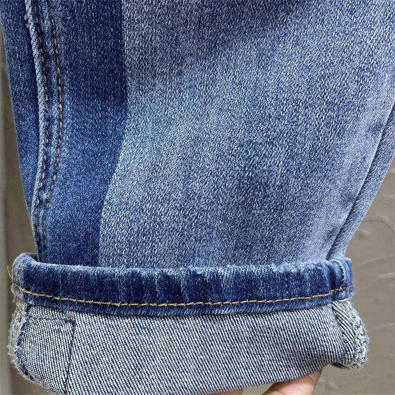 Pantalones de tubo de mezclilla azul claro para mujer, pantalones de pierna recta versátiles bloqueados, cintura de altura de Hort, aspecto delgado, otoño