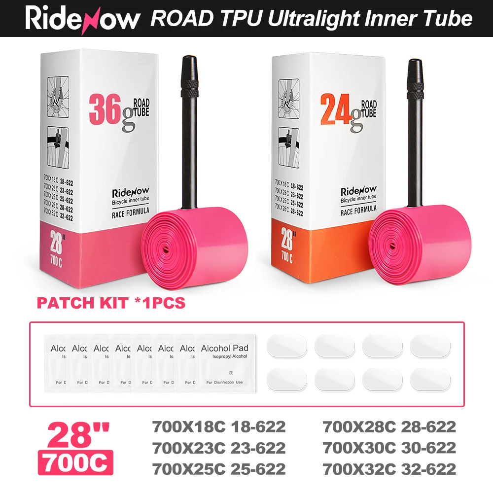 RideNow 초경량 자전거 내부 튜브 700C x 18 25 28 32c 도로 자전거 TPU 타이어 45/65/85mm 길이 프랑스어 밸브 슈퍼 라이트 튜브