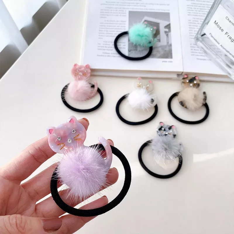 New Korean Winter Cute Cat Plush Hair Clips Fashion Acetate Ponytail Clip Elastic Hair Rope For Girls Wholesale