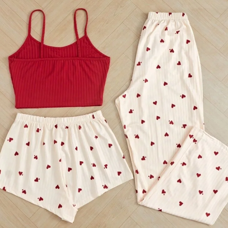 3 Piece Set Peach Heart Pajamas Sweet Premium Threaded Pit Stripe Camisole Shorts Pants Long Sexy Homewear Printed Suspenders