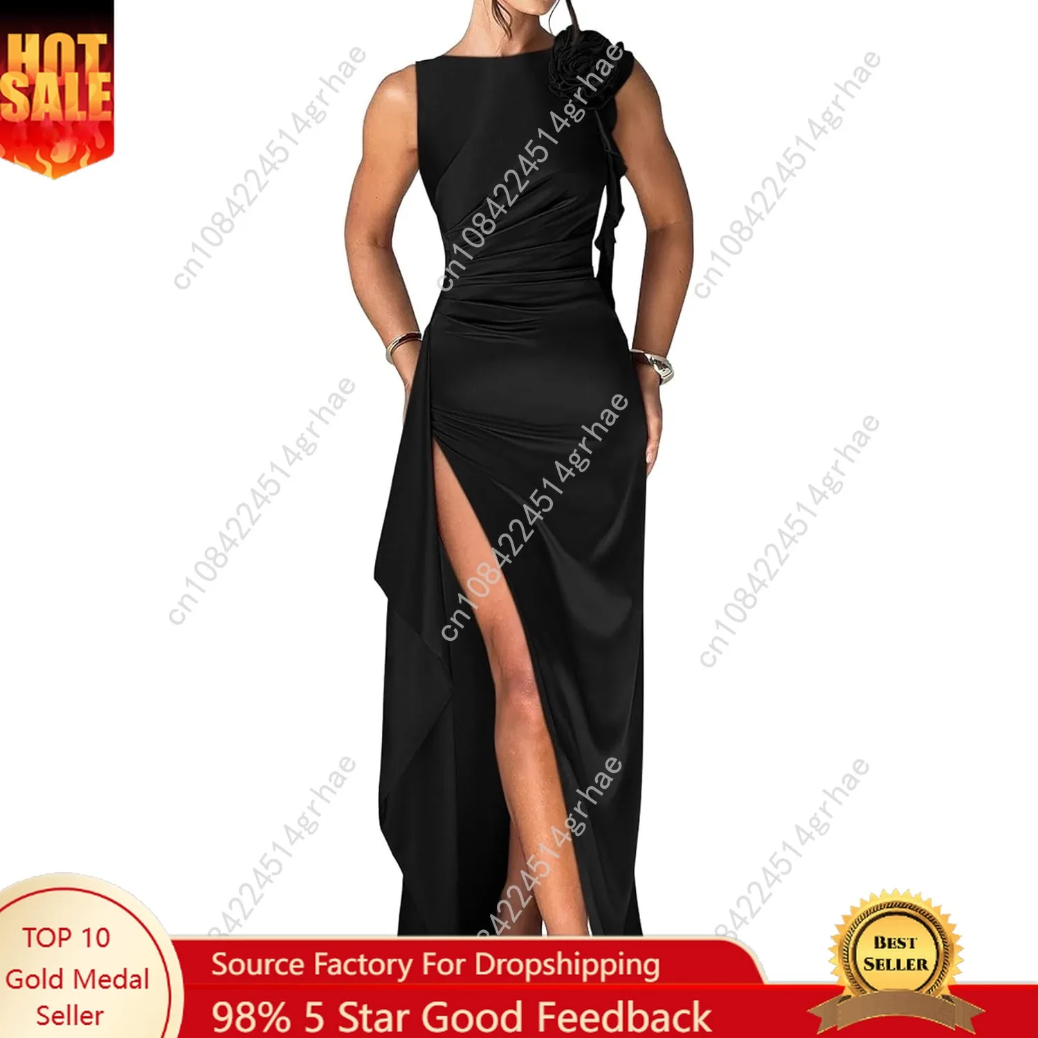 

Women's Sleeveless Crew Neck Backless Ruched High Split Party Maxi Dress