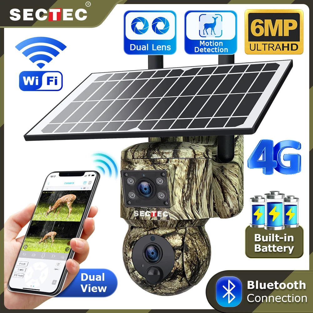 

SECTEC Camouflage Color Dual Lens Solar Battery PTZ Camera 4G Solar Cameras Outdoor Wifi Surveillance Cameras