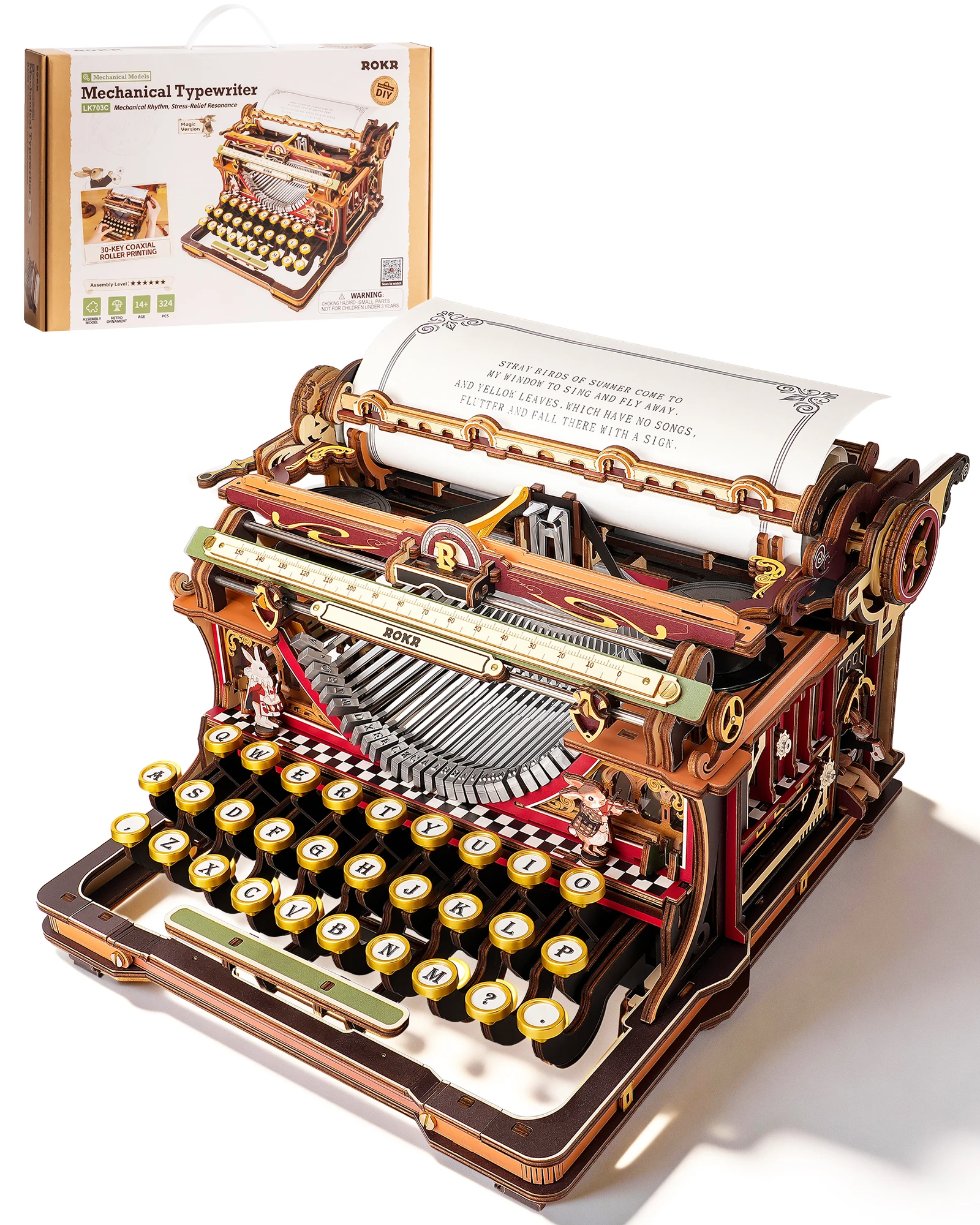 

ROBOTIME Rokr Mechanical Typewriter Model 3D Wooden Puzzle Functional Typing Experience Unique Birthday Gift for Men