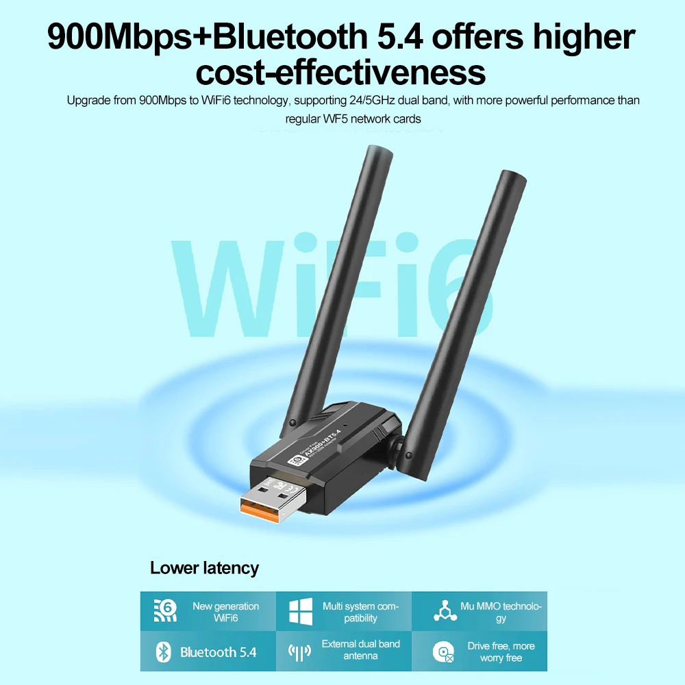 AX900 USB WiFi6 Adattatore Bluetooth 5.4 Dongle 2in1 Dual Band 2.4G e 5GHz Ricevitore antenna di rete WiFi per PC Win 10 11 DRIVER GRATUITO