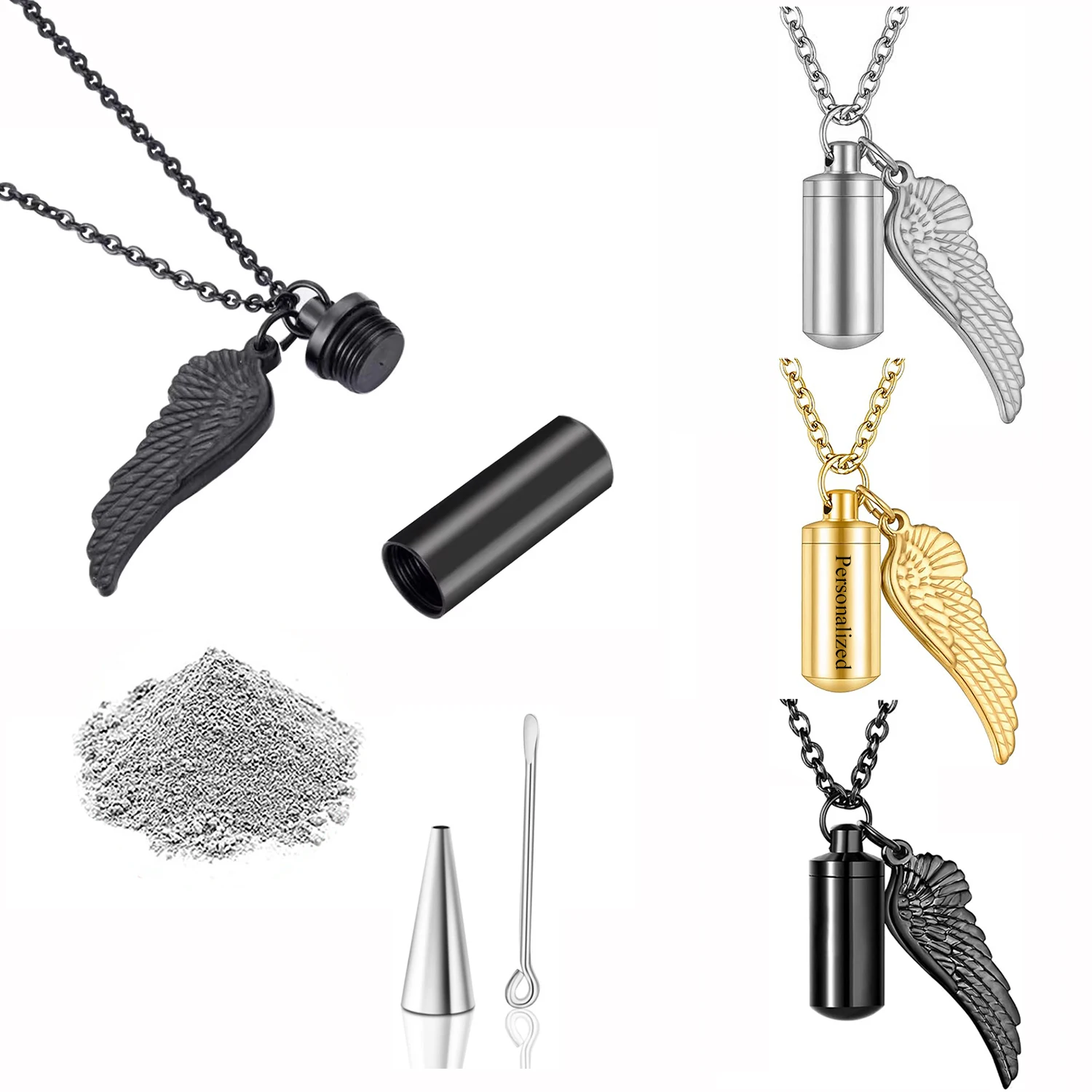 Stainless Steel High Quality Cremation Urn Necklace with Angel Wing for Ashes Hair Pill Jewelry Memorial Keepsake Pendant Gift