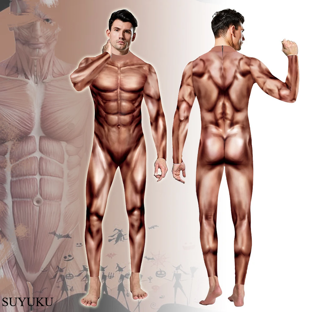 

3D Muscle Print Cosplay Costume Suit Men Zentai Bodysuit Jumpsuits Sexy Carnival Party Clothes Sexy Fitness Catsuit