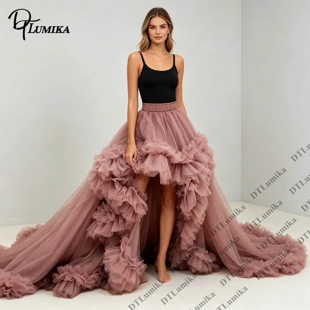 Long Train Tulle Mexi Skirt with Ruched Edge High Low Women Party Prom Wedding Guest Skirt High Elastic Waist Mesh Gown Tailored