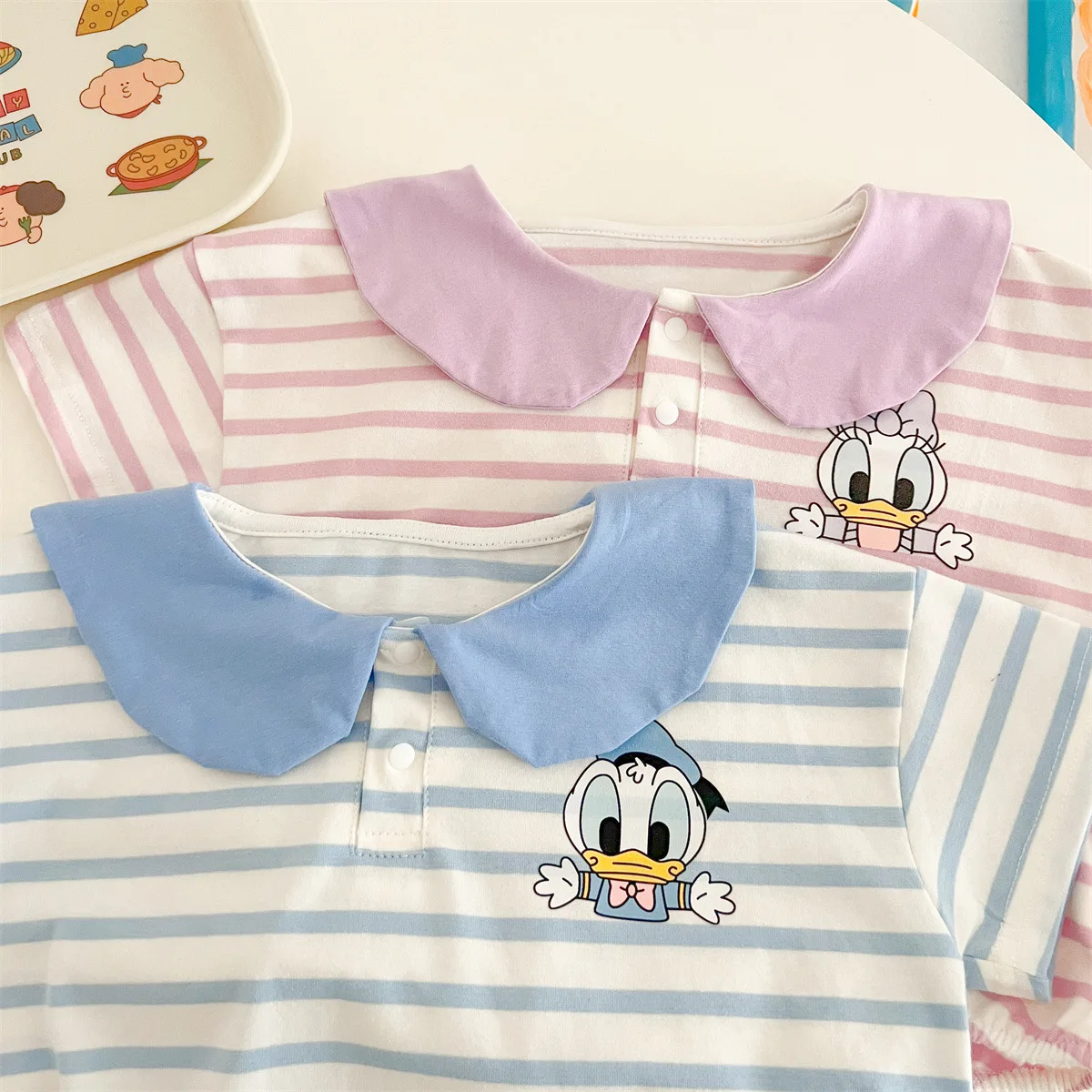 Cartoon Donald Duck Daisy Triangle Wrap Fanny Coat Striped Navy Collar Style Cute Boy and Girl Baby Summer Fashion Clothes