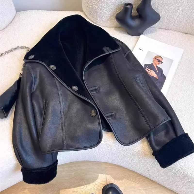 Bla Leder Pelz Ort Kragen Jaet Thiened Herbst Winter American Sle Damen Loose Fit Polyester Faser Mantel Top