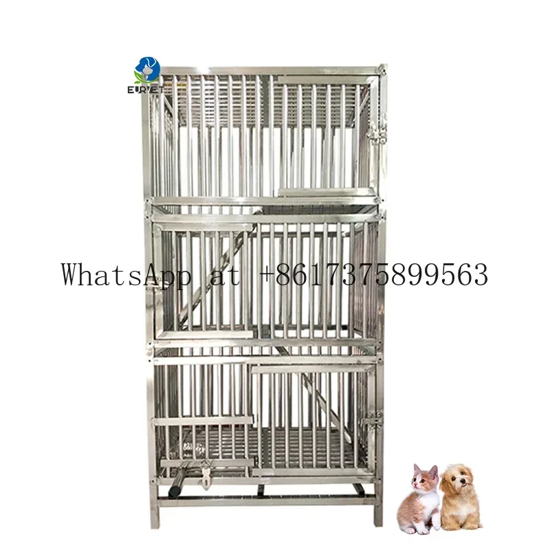 EUR VET 304 Stainless Steel 3-Tier Veterinary Cat Cage Set Durable Breathable Pet Cages for Animal Hospital Clinic Cat Boarding
