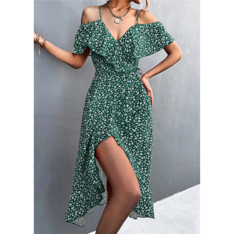 Vestido longo feminino, um ombro, cinta de flor fragmentada, irregular, verde, popular, novo produto, primavera e verão, 2024