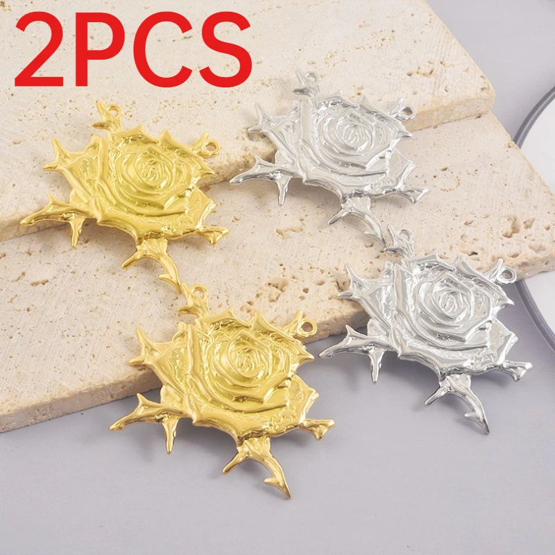 2Pcs Vintage Thorn Rose Flower Pendants Stainless Steel INS Charms DIY Handmade Necklace Bracelet Making Supplies