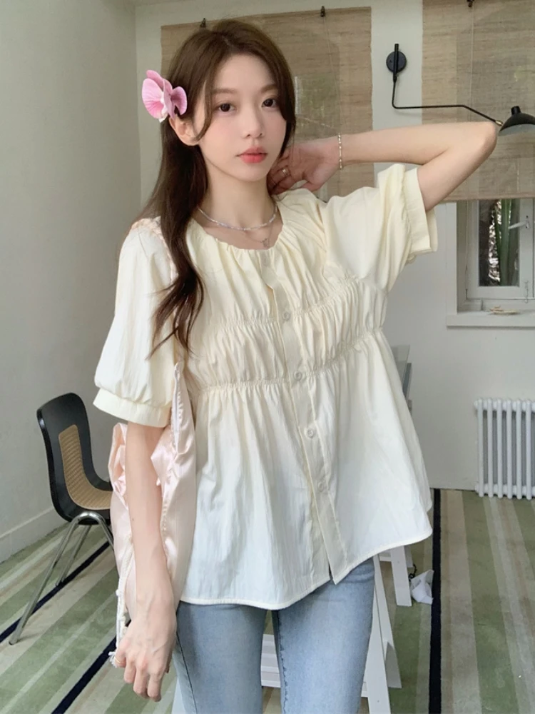 Slimming Design Short Sleeve Chiffon Shirt Women's Summer plus Size Cover Belly Button up Korean Style Fashionable Top