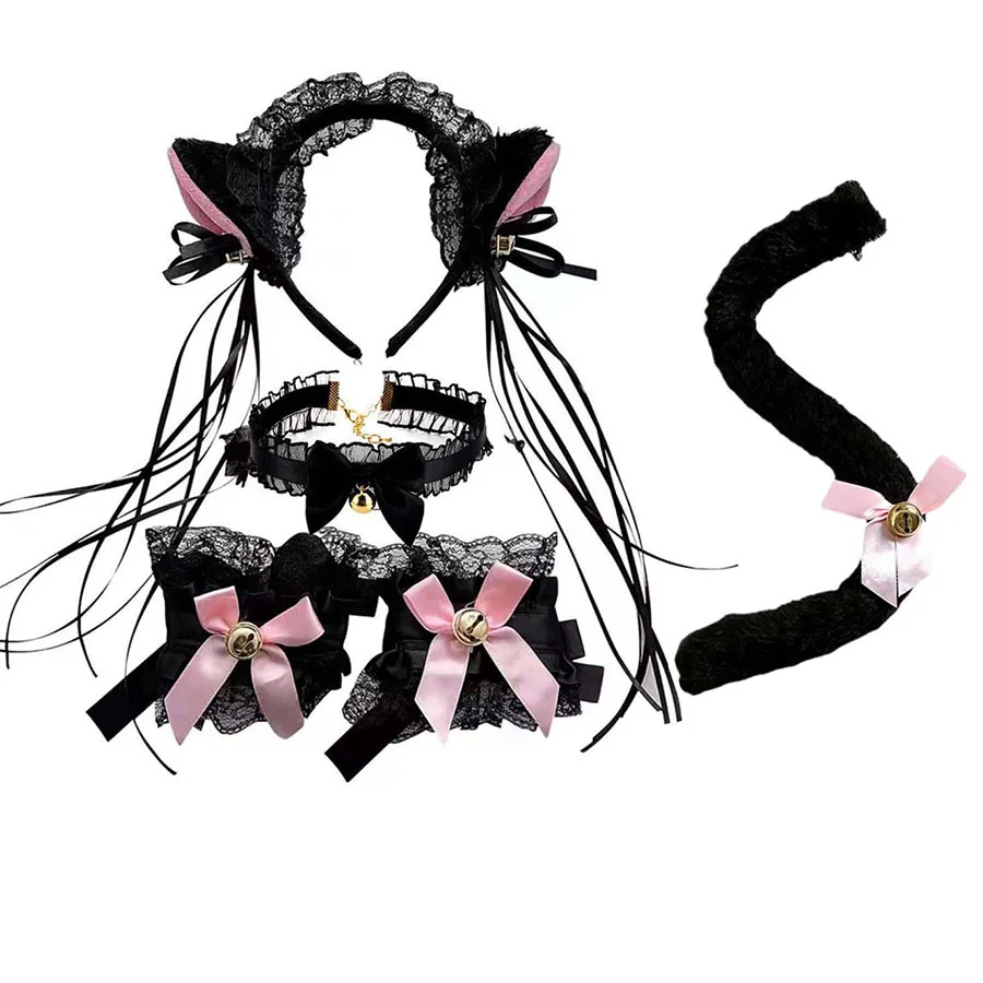 Sexy colar de renda pulseira cauda 4 pçs conjunto bonito menina gato orelha bandana role play acessórios borla cocar vestir-se conjunto