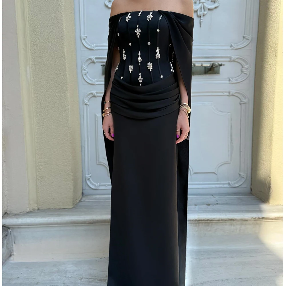 

Customized Straight Evening Dresses Floor-length Off The Shoulder Sleeveless Prom Gown Fashion Crystal Pleat Backless Party Gown