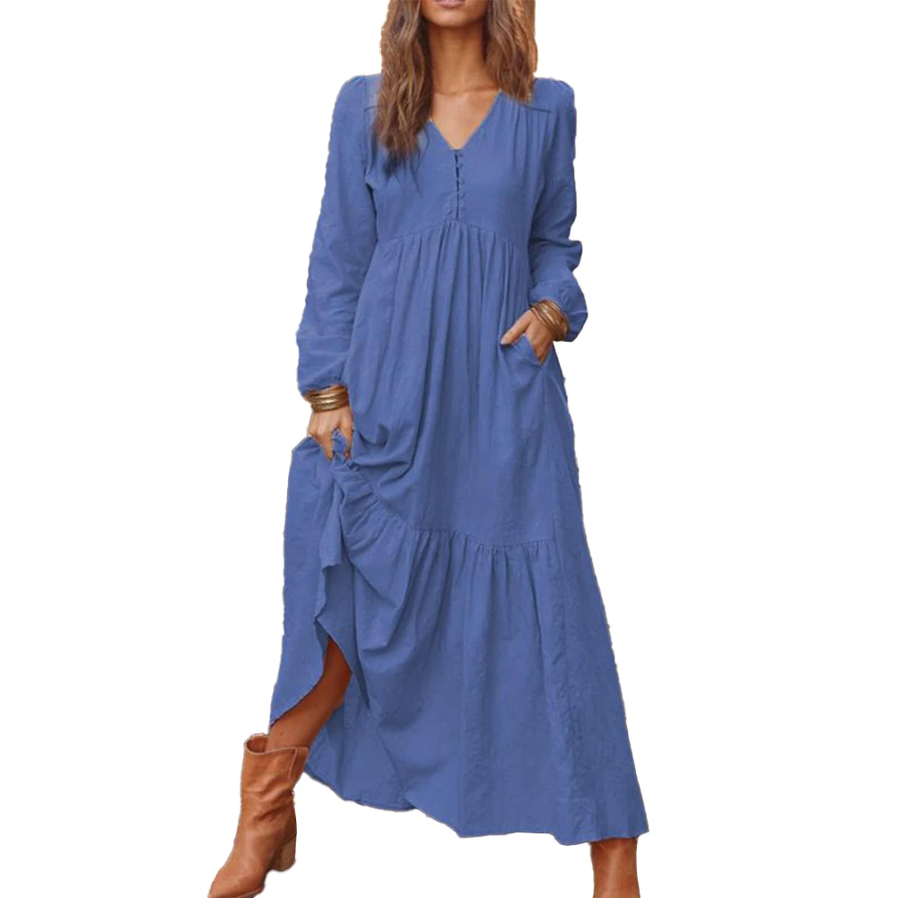 

Fashion Home Outdoor Women's Clothes Beach/Daily Casual Cotton Linen Long Sleeve Maxi Dress Plus Size Regular