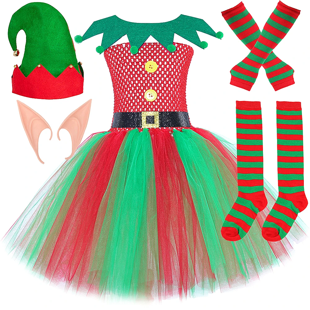 Costumes d'elfe de noël rouge vert pour filles, robe Tutu fantaisie de vacances de noël pour enfants, tenue de carnaval du nouvel an avec chaussettes d'oreilles d'elfes