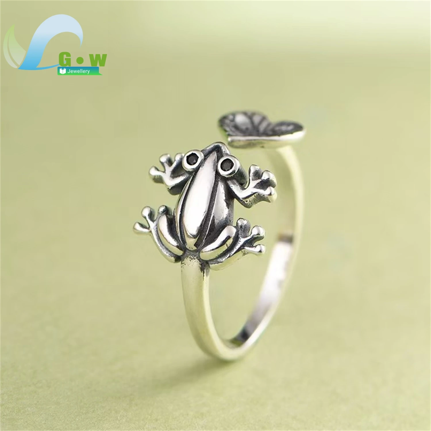 Frog Heart Lotus Leaf Ring Women Artistic Elegant Silver Gemstone Band Unique Design Finger Jewelry Charm Gift For Her