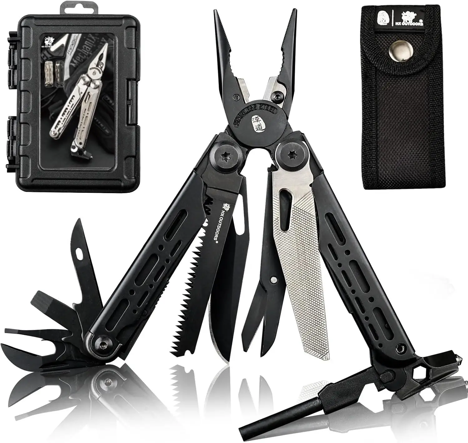 

19-in-1 Stainless Steel Pocket Multi Tool with Fire Starter and Glass Breaker, Folding EDC Camping Survival Gear for Men (Black)