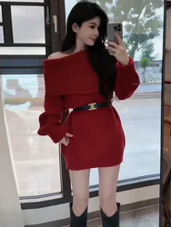 French Style Base Woolen Dress for Women in Autumn Winter New Red Khaki Black Apricot Mini Off Shoulder Knitted Dress A186