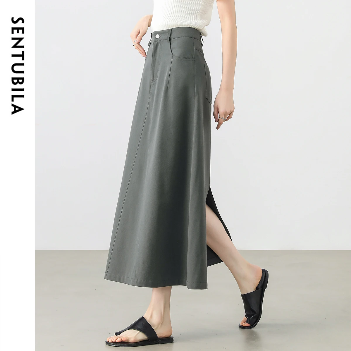 

SENTUBILA Woman High-waist Skirt Cotton 2025 New Arrival Elegant A-line Skirt Korean Style Commute Ladies Long Skirts 152Q59163
