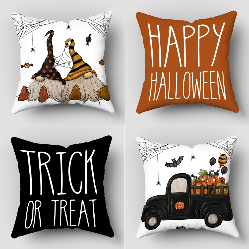 4-Pack Halloween Throw Pillow Covers 45X45cm Ghost Pumpkin Bat Pattern Ideal for Sofa, Bed, Car, Living Room Home Decor