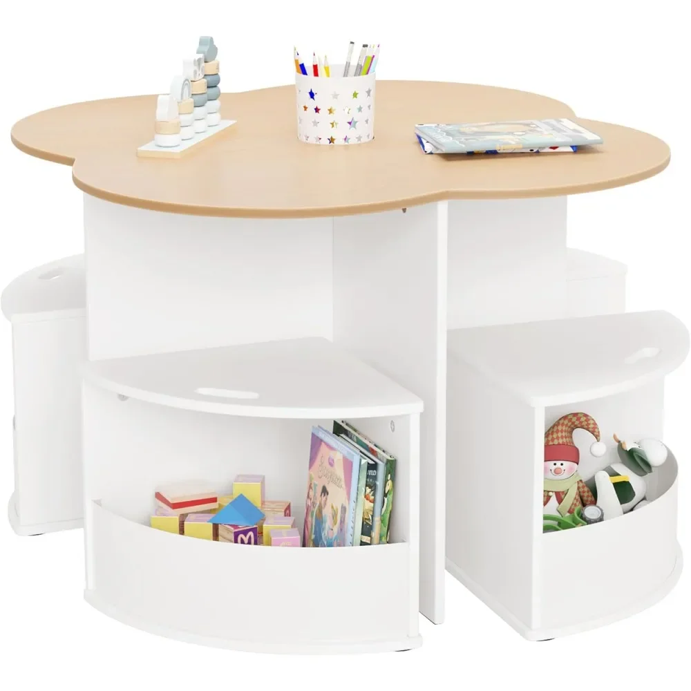 Juego de mesa y silla para niños pequeños con 4 taburetes de almacenamiento, mesa de diseño de anidación en forma de flor con portalápices incorporado, mesa para niños