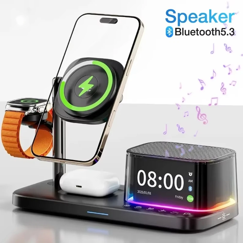 25W Magnetic Fast Wireless Charger with Bluetooth Speaker Alarm Clock For iPhone 17-12  Pro Max Samsung Apple Watch Airpods