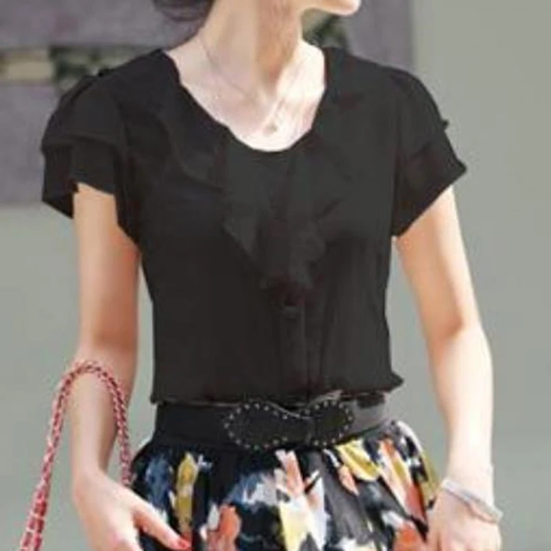 New Arrival Chiffon Short Sleeve Female Blouse Shirt Fashion Ruffles Ladies White Black Office Blouses Women Clothes