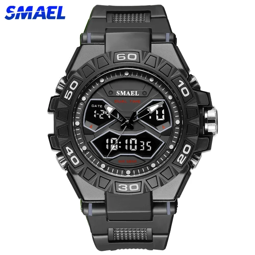 SMAEL Sports Mens Watches Luxury Military Quartz Digital Watch Shockproof Waterproof LED Electronic Dual Display Wristwatch Male