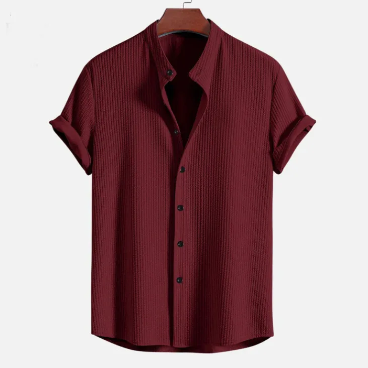 Men's Pure Color Short Sleeve Shirt Summer New Arrival Loose Fit Cotton Youth Fashion British Style Stand Collar Versatile Wear