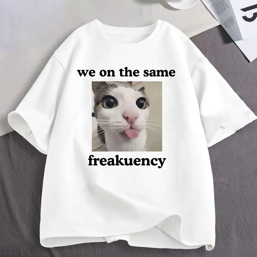 We On The Same Freakuency Funny Freaky Cat Face Meme T Shirts Men Women Casual Oversized Fashion Short Sleeve T-shirt Streetwear