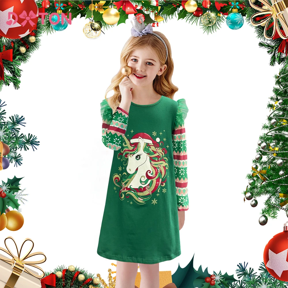 DXTON Baby Girl Dress Christmas Party Children Clothing 2024 New Year Kids Dress Stripe Snowflake Unicorn Cotton Toddler Clothes