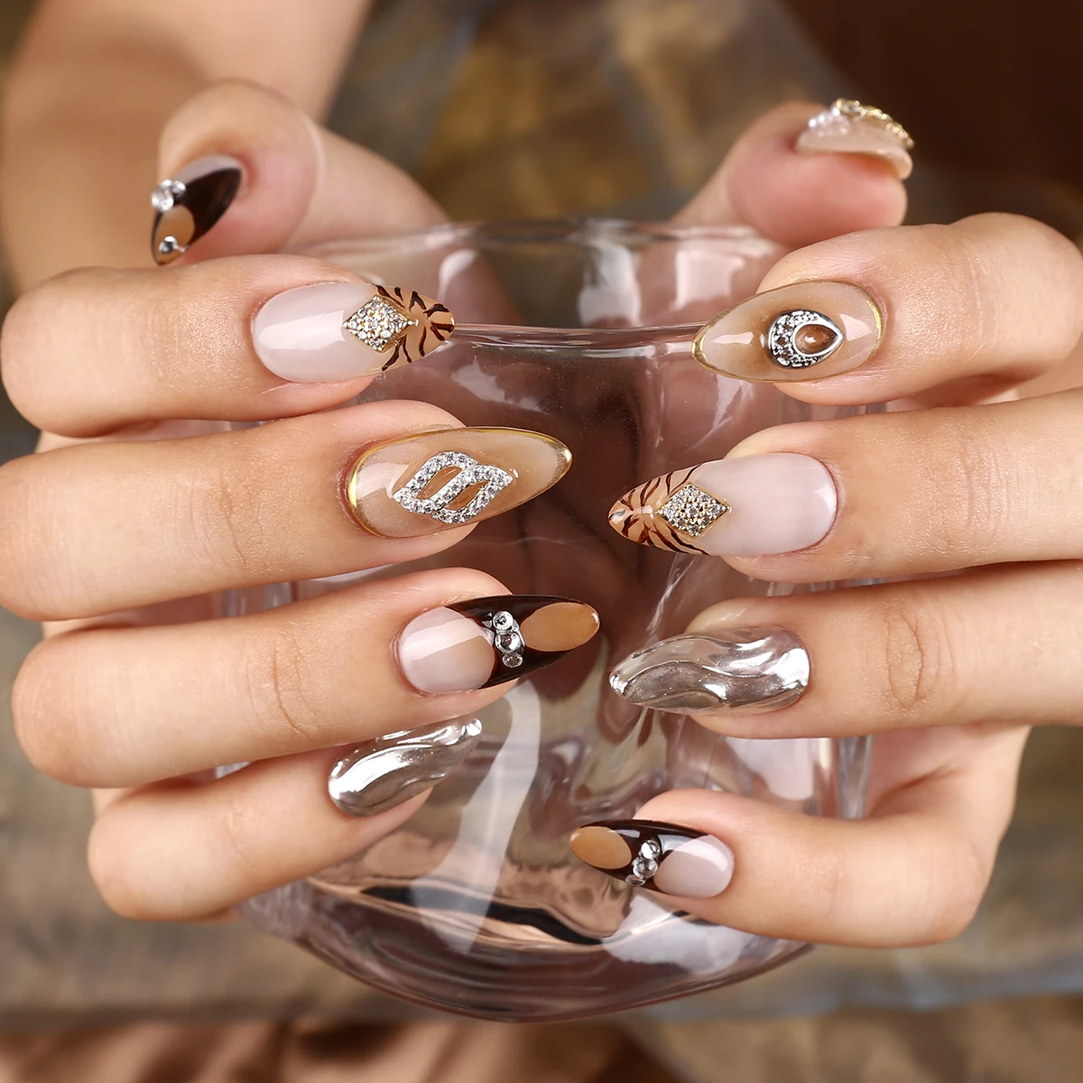 GlamourGalaxy Nails 10PC Handgemaakt, Premium Full-Cover pers op nagels Aanpasbare ambachtelijke ontwerpen voor Instant Salon-Kwaliteit Mani