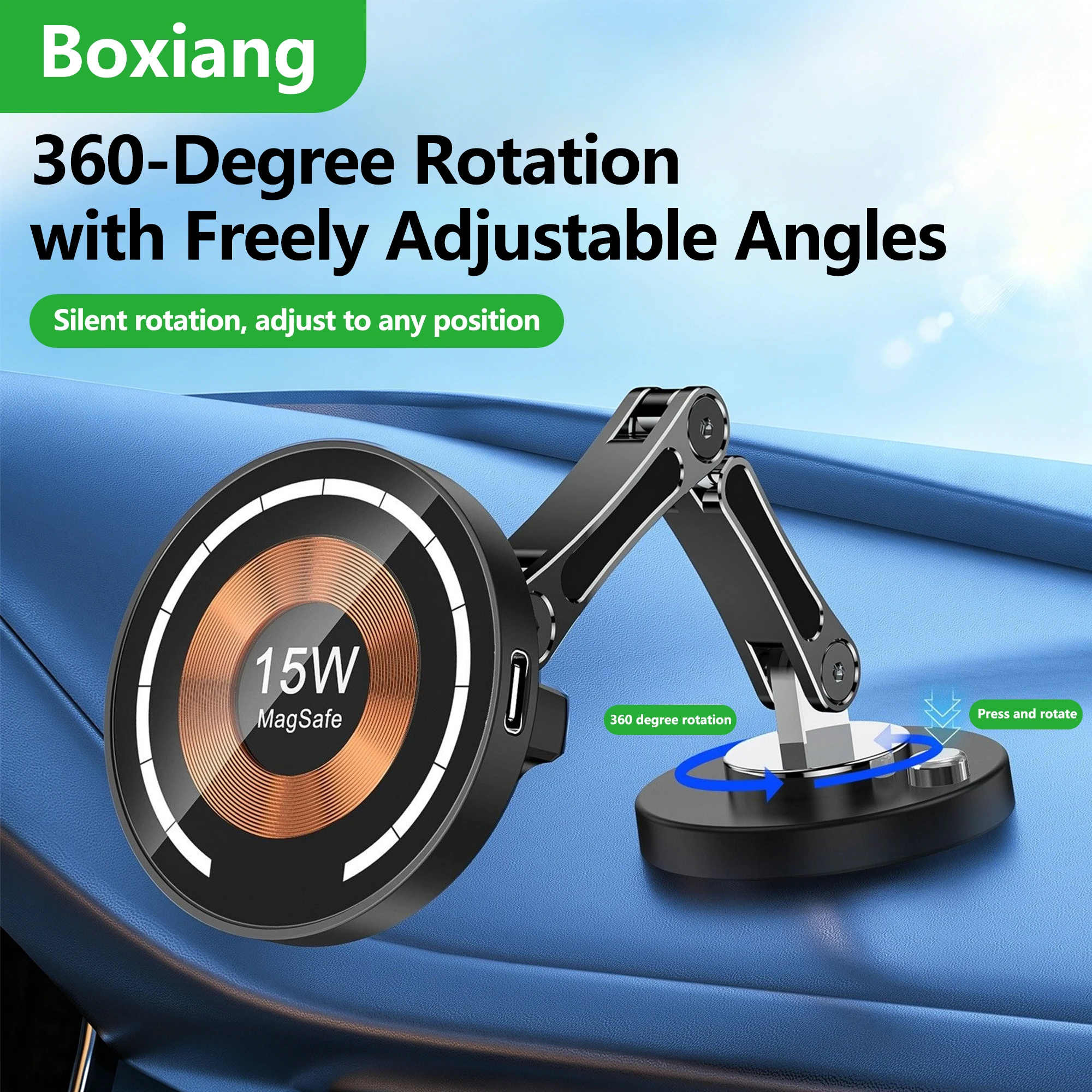 

Boxiang 15W Magnetic Wireless Charging Car Phone Holder 360 Rotation Dashboard Mount for iPhone 17/16/15 Pro Max