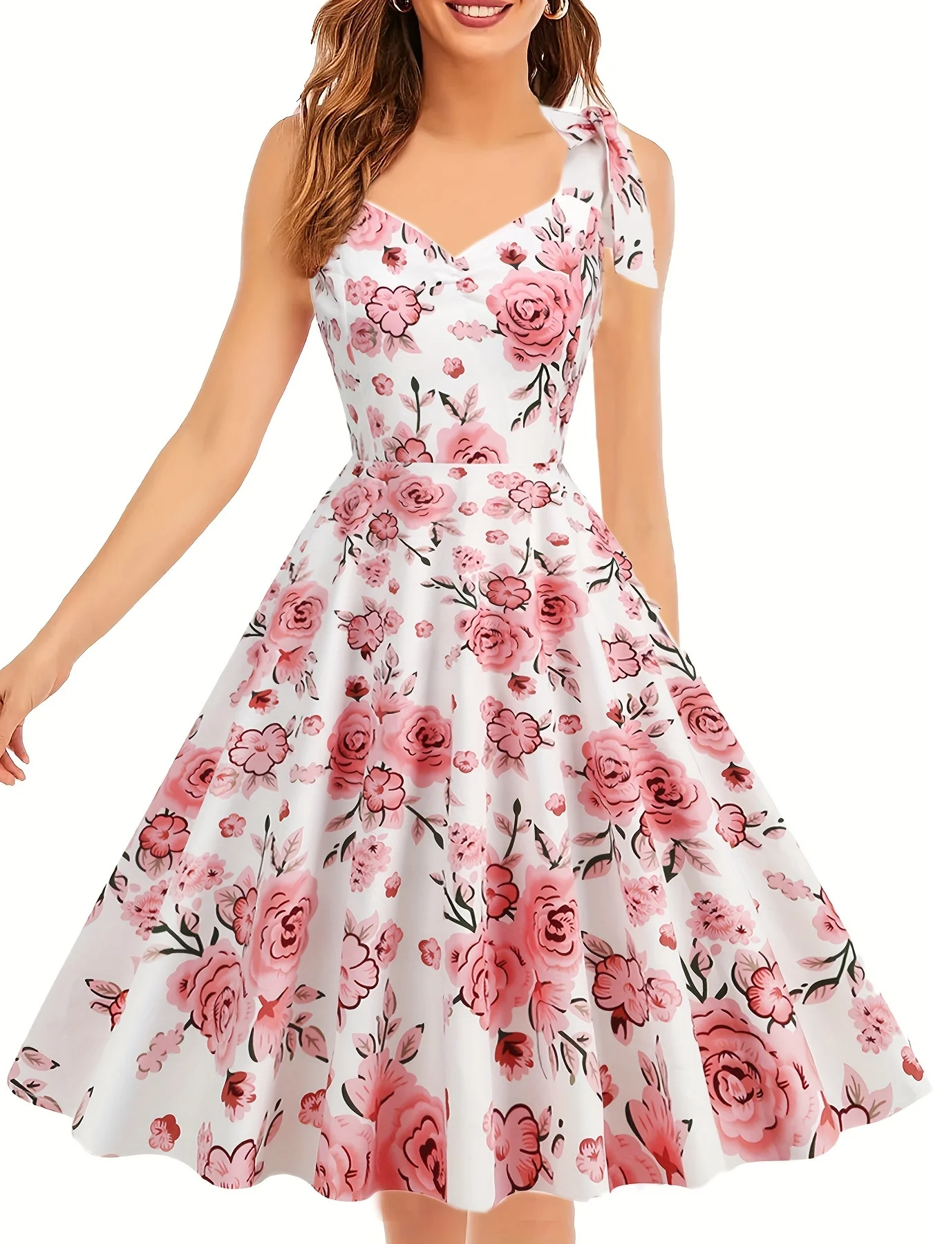 Back-To-School Beauty, Elegant V-Neck Floral Print Dress with Tie Bow - Cotton Blend, Machine Washable - Perfect for Cocktails &