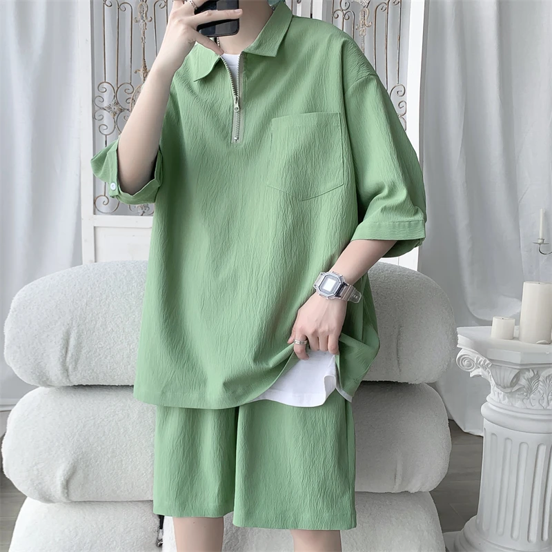 

Men's Polo Shirt and Shorts Set 2026 Trendy Loose Fit Casual Streetwear Tracksuit Set Plain Color Short Sleeve Top with Shorts