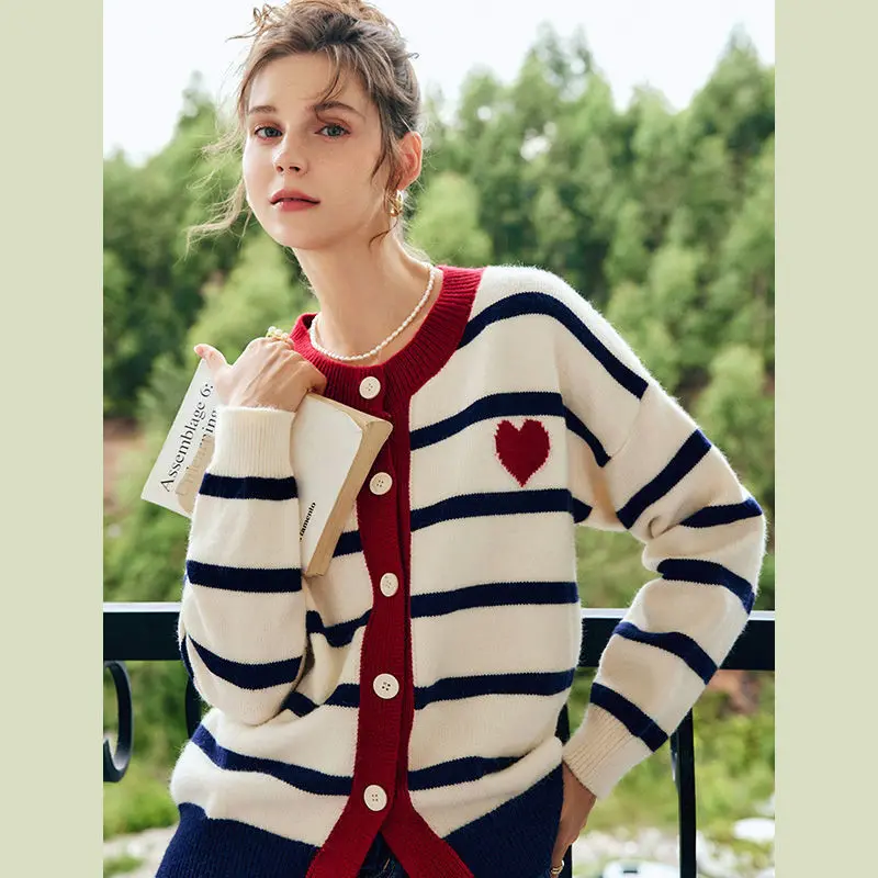 French striped sweater cardigan women\'s autumn new style contrasting round neck knitted jacket