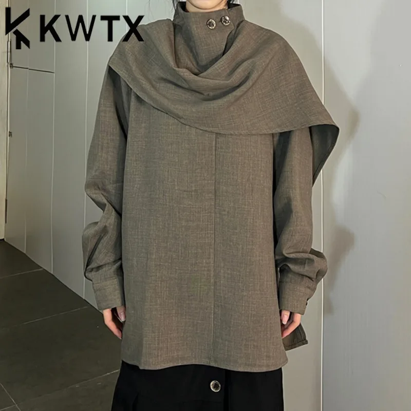 

KWTX женская повседневная однотонная рубашка, блузка с воротником-стойкой, шарф на шею, галстук, винтажный модный весна-лето, высокое качество 2025