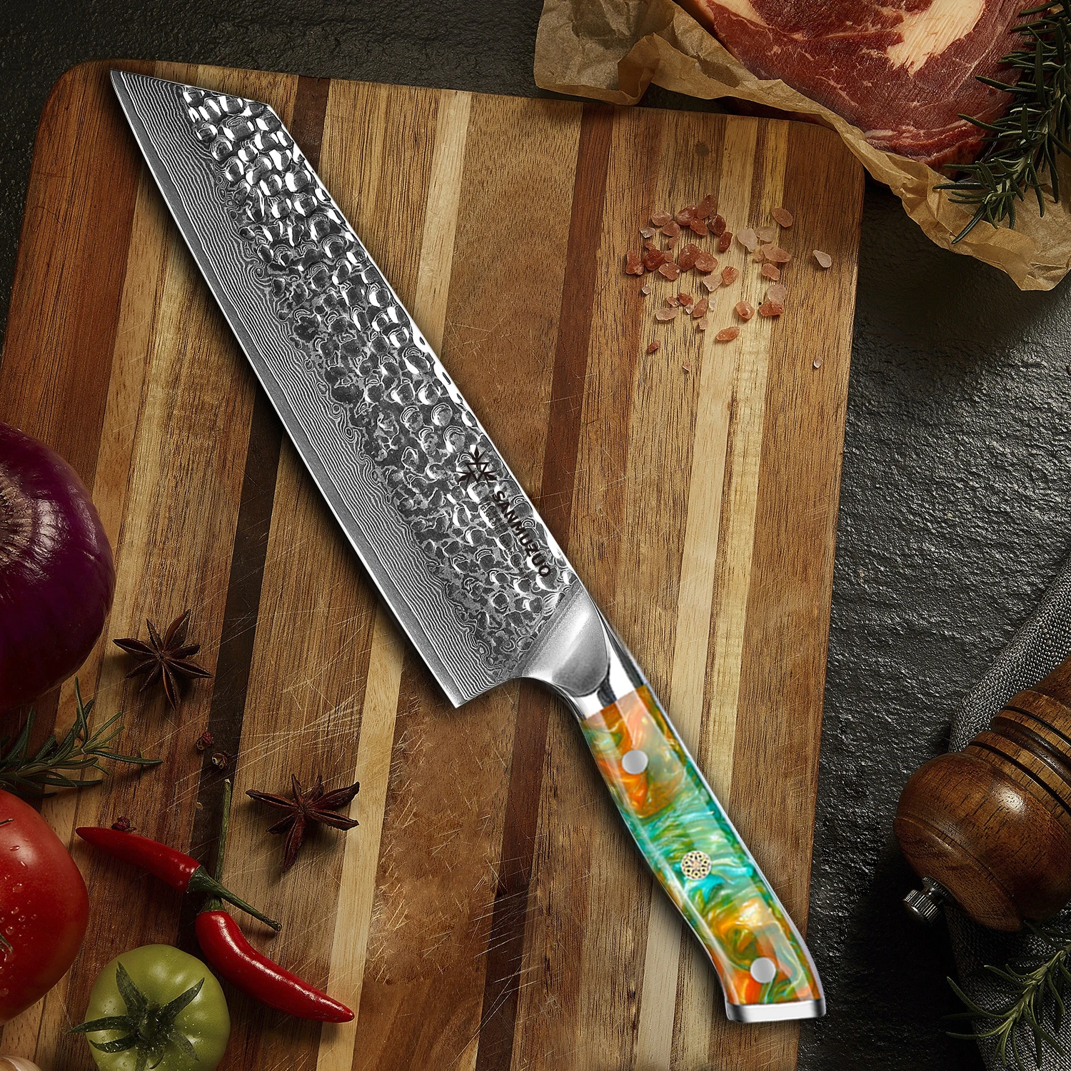 SANMUZUO 8.5 inch Kiritsuke Kitchen Chef Knife - 67 Layers Damascus Steel & Resin Handle - Yao Series