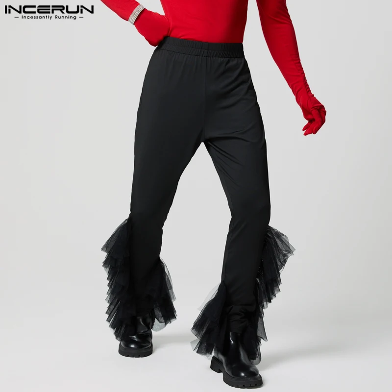 INCERUN 2025 Amerikaanse Stijl Broek Mode Mannen Verstoorde Mesh Splicing Ontwerp Pantalons Casual Clubwear Strakke Elastische Lange Broek