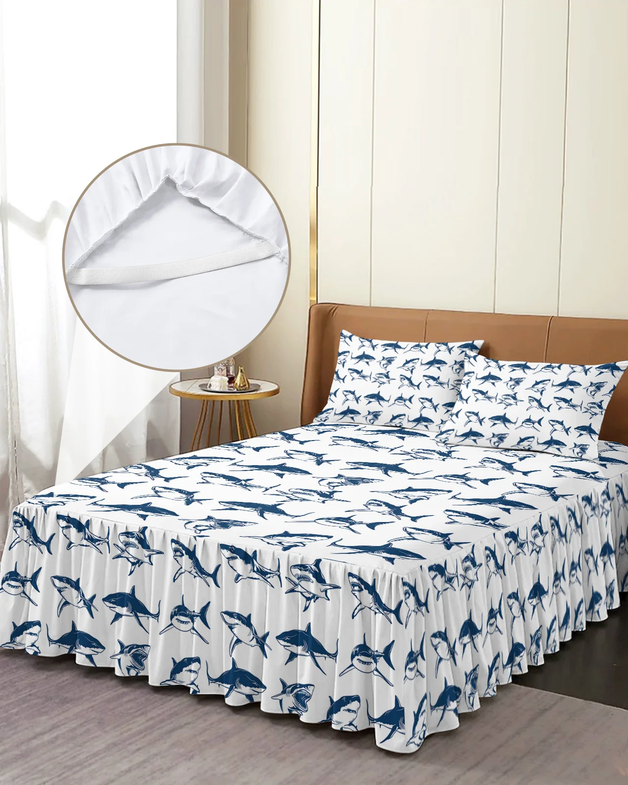 Shark Sea Animal White Bed Skirt Elastic Fitted Bedspread With Pillowcases Bed Protector Mattress Cover Bedding Set Bed Sheet