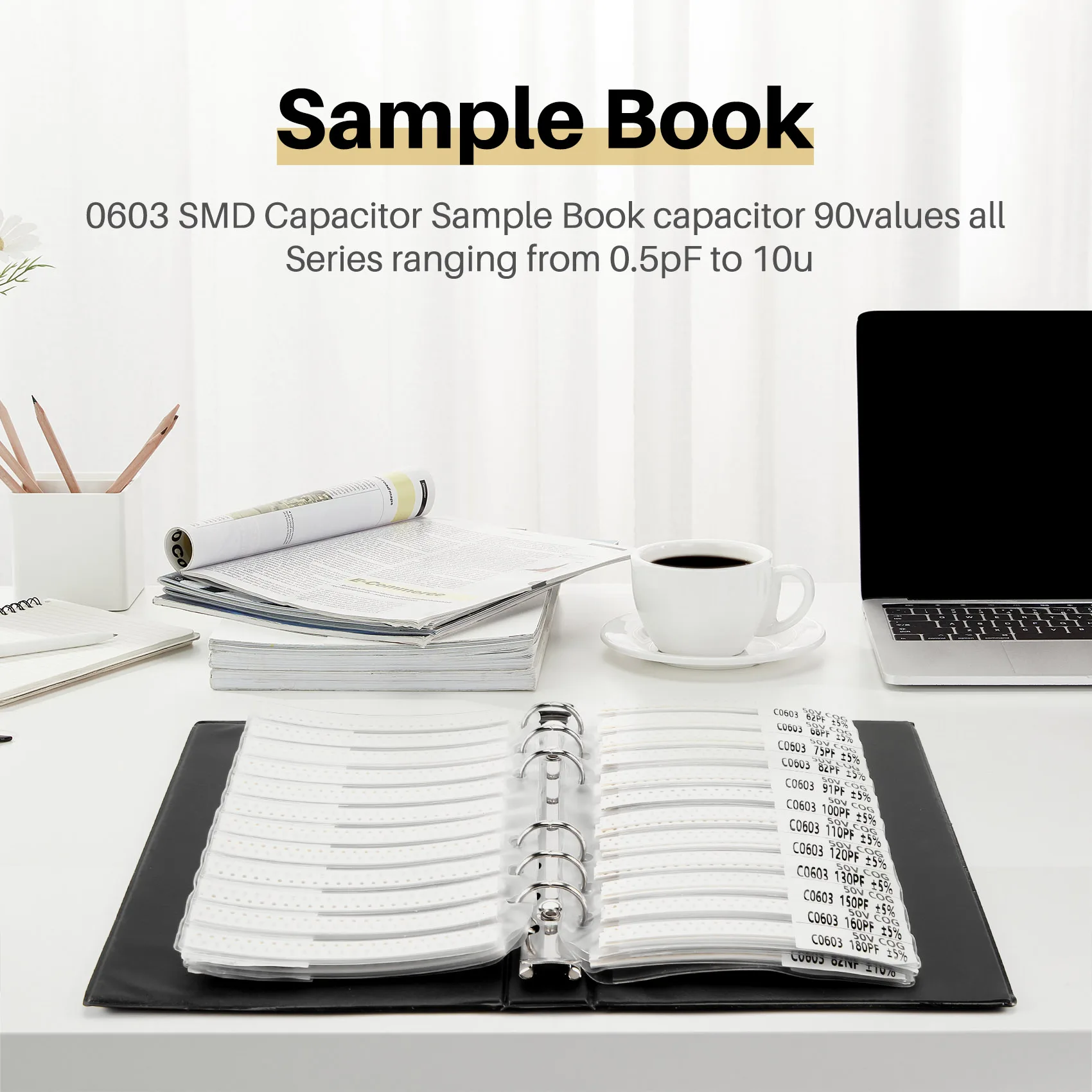 

0603 Книга образцов конденсаторов SMD 90 значений x 50 шт = 4500 шт. Упаковка набора в ассортименте 0,5PF-2,2 мкФ-ABVK