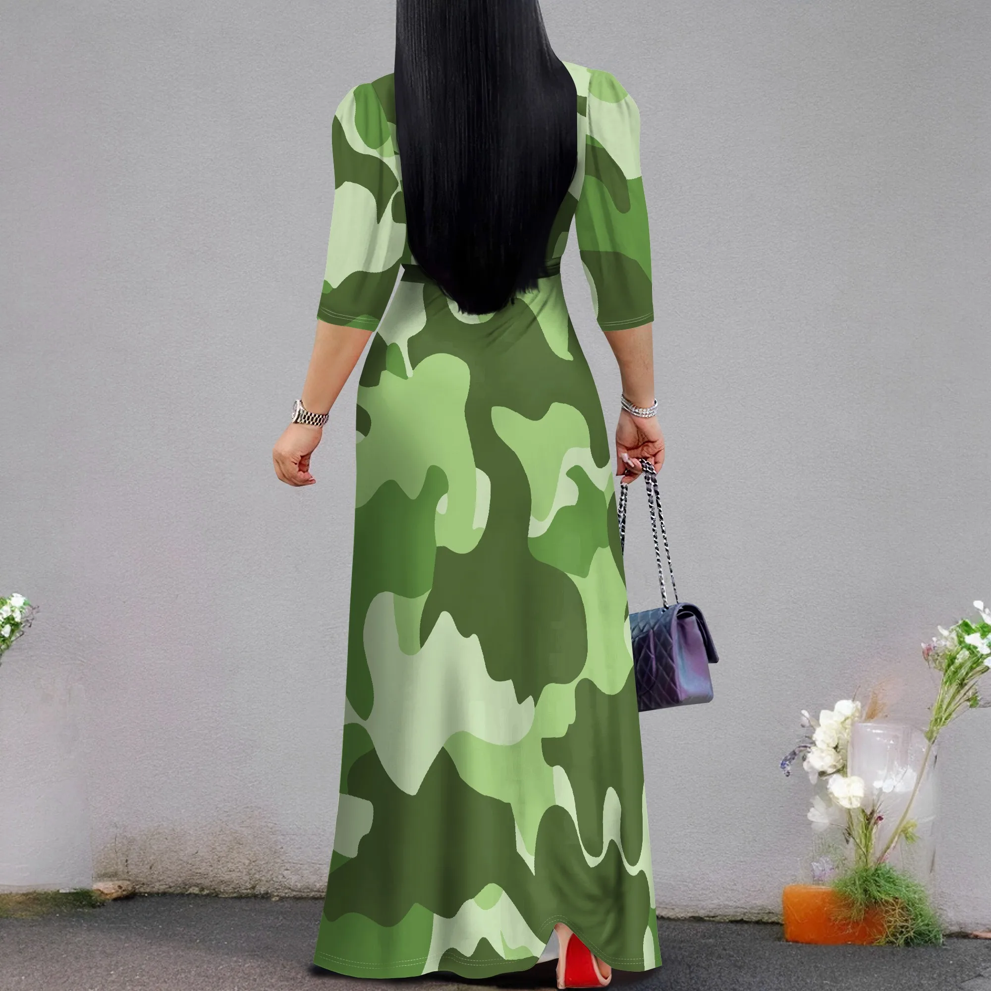 Abito lungo Boho ampio da donna a maniche corte sexy con scollo a V, abito lungo da vacanza casual con orlo diviso stampato alla moda