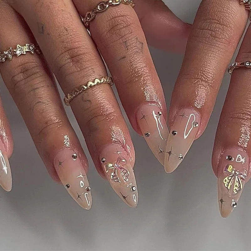 

3D fake nails accessories short french almond tips nude ice nail with silver glitter diamond butterfly designs press on nails