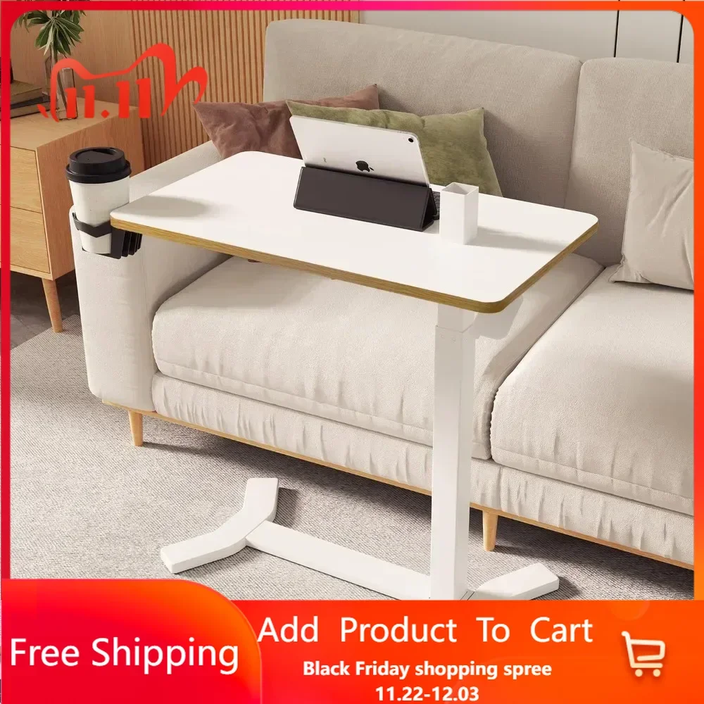 Medical Adjustable Overbed Bedside Table with Hidden Casters, Pneumatic Mobile Laptop Computer Standing Desk Cart with Tray