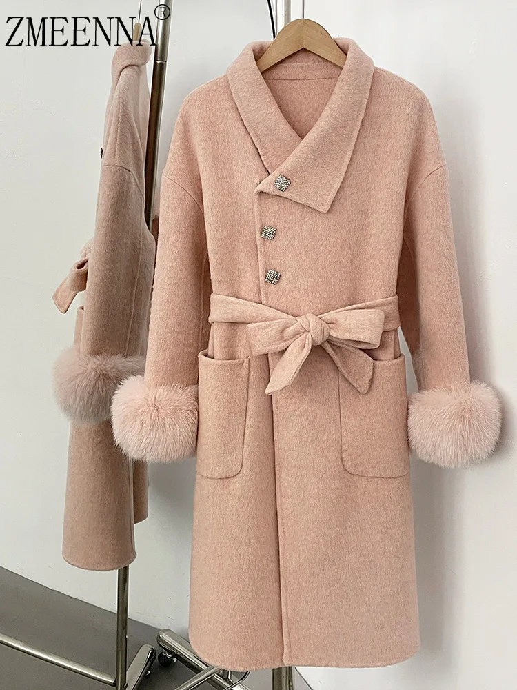 

ZMEENNA Women's Pink Wool Coat Elegant Fur Cuffs Button Closure Belted Waist Soft And Warm Winter Outerwear Jacket ZM3993